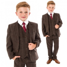 Boys Brown Tweed Check 5 Piece Jacket Suit